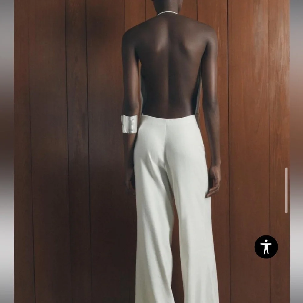 Zara NWT Linen Blend Halter Backless Wide Leg Jumpsuit Ivory Small 1058/031